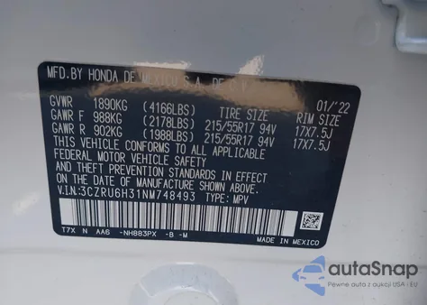 2022 Honda Hr-V Awd Lx z USA, uszkodzony, nr VIN 3CZRU6H31NM748493